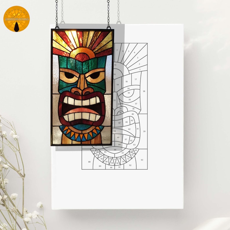 PNF132 Abstract Mask Stained Glass Pattern Template for Window Art and ...