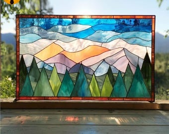 PNF36 Motif de vitrail de paysage de montagne – conception de la nature au lever du soleil, modèle numérique pour attrape-soleil DIY, art du verre panoramique PDF SVG