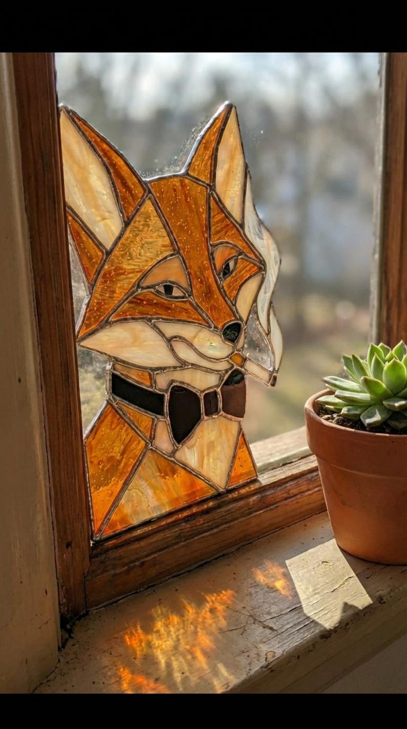 Fox Window PB426 Stained Glass Window Corner Fox Gift Home Decor Window Christmas ...