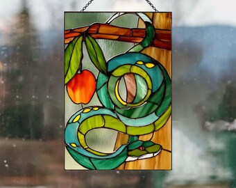 PB95 ヘビ ステンドグラス アート サンキャッチャー 毒蛇 リンゴ 蛇 蛇
