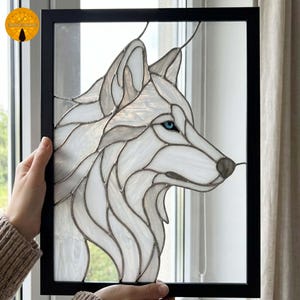 Patrón de vidriera MT52 con perfil de lobo blanco ártico, plantilla PDF para atrapasoles de animales de nieve invernales, plantilla de vidrio para bricolaje.