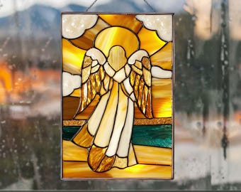 PB102 Angel Suncatcher Stained Glass Pattern Yellow Wingmemorial gift window hanging ornament guardian suncatcher Digital Download Glass DIY