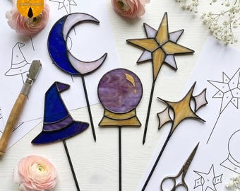 BBT189 Witchy Stained Glass Pattern Set Moon Star Crystal Ball PDF DIY Suncatcher