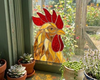 PB471 Chicken Stained Glass Suncatcher Chicken Lover Gift Rooster Glass Gift for Country Lovers or Friends Download Glass DIY