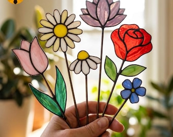 BBT121 Stained Glass Flower Garden Stakes Pattern Set Daisy Rose Tulip Decor Art