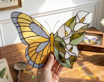 BBT45 Calla Lily Butterfly Stained Glass Pattern, Floral Suncatcher Window Template