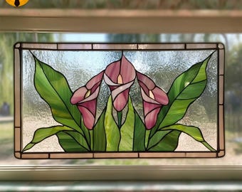PNF76 Pink Calla Lily Stained Glass Pattern – Floral Window Panel Design, Botanical Template PDF SVG for DIY Glass Artists