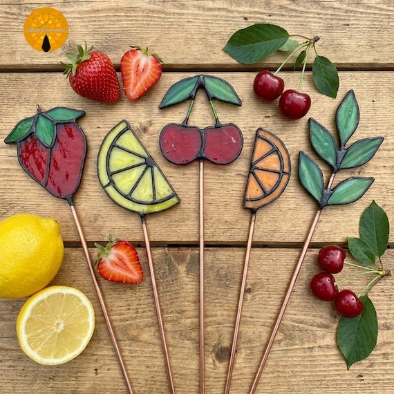 BBT144 Stained Glass Fruit Pattern Set Cherry Lemon Strawberry Plant Stake SVG PNG