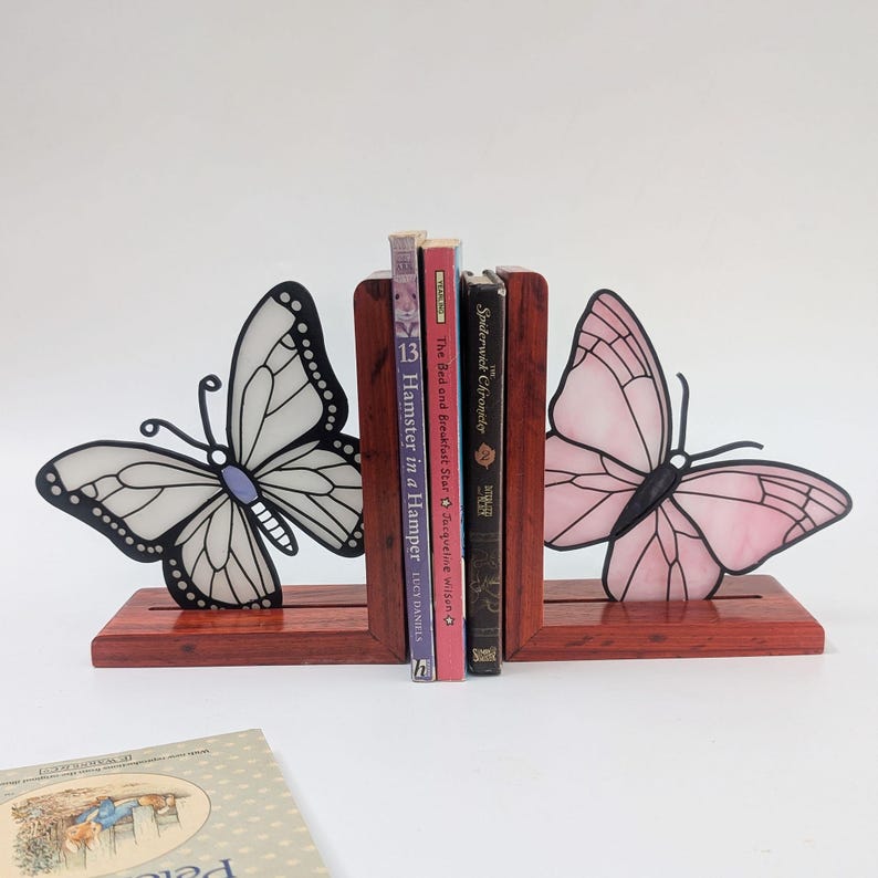 Left Bookend Butterfly Bookend BO07 – White and Pink Glass & 3D Printed Book Holder ...