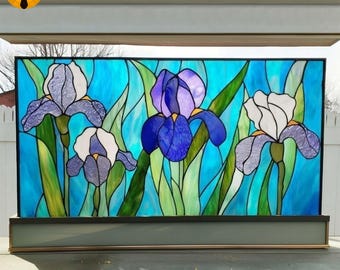 PNF39 Iris Flower Stained Glass Pattern – Blue and White Floral Design, Digital Template for DIY Suncatcher, Glass Art PDF SVG