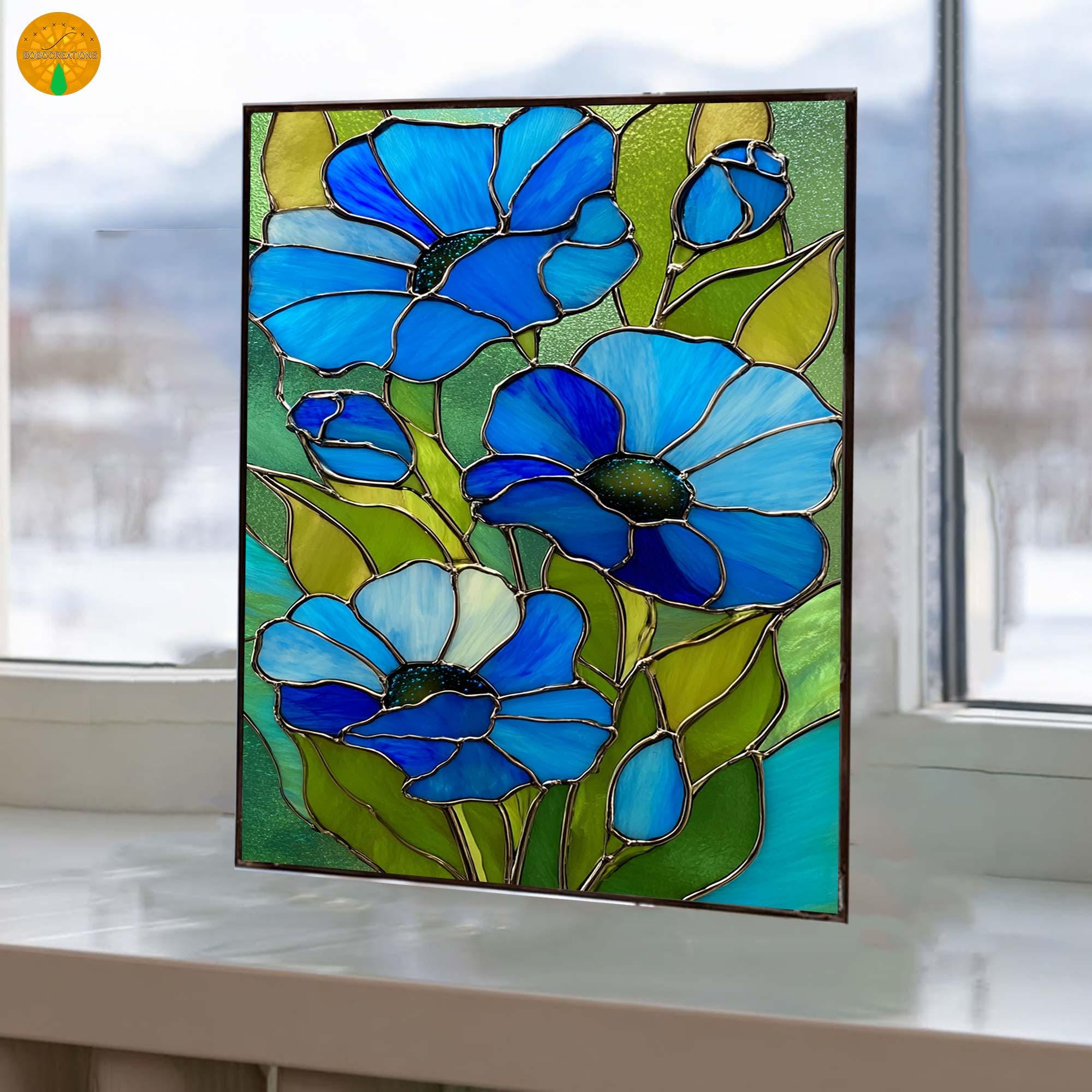 PB171 Stained Glass Blue Poppy Flower Suncatcher Glass Art Window