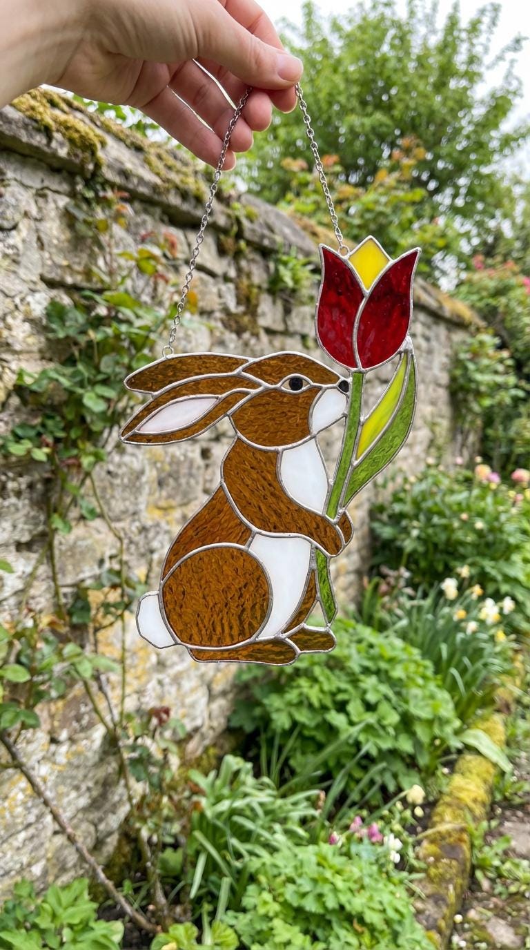 Stained Glass Spring Rabbit PB443 Stained Glass Bunny and Flowe Suncatcher Spring Decor Mother's ...