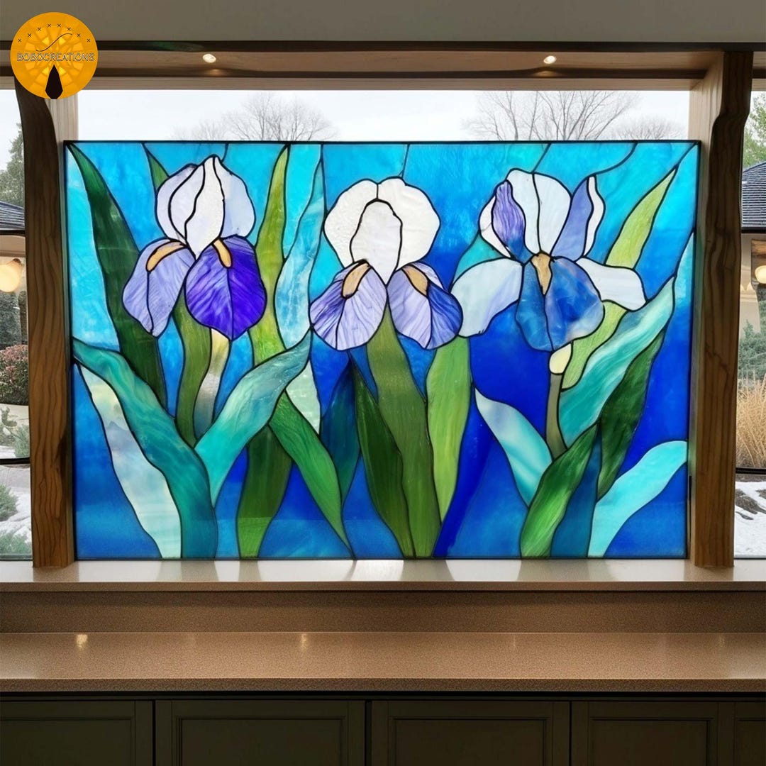 PNF26 Iris Flower Stained Glass Pattern – Blue Floral Design, Digital ...