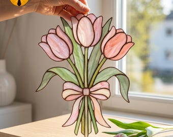 BBT225 Tulip Bouquet Stained Glass Pattern PDF, Pink Flower Suncatcher Template SVG PNG