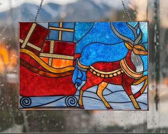 PB31 Stained Glass Reindeer Santa Claus Sleigh christmas derco gift pattern Suncatcher  Decor Glass   DIY Christmas Gifts ,  Christmas Deco