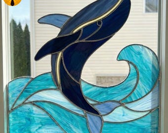 Patrón de vidriera de ballena azul MT85, diseño atrapasoles oceánico, panel de ventana de ballena, plantilla de arte en vidrio para manualidades, descarga digital