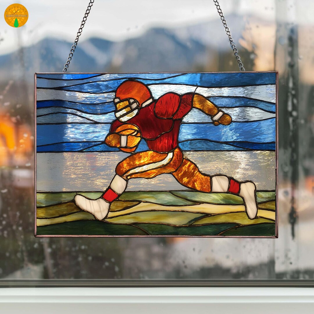 Stained Glass Rugby Patterns PB151 Rugby Player Stained Glass Window Panel Hangings Sports Glass Art ...