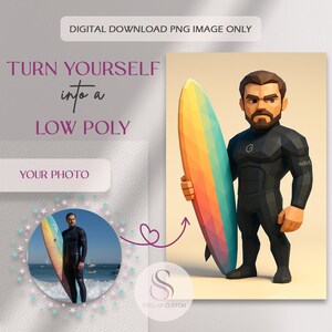 Pode incluir: Imagem PNG para download digital. Uma ilustração low-poly de uma pessoa em um fato de mergulho preto segurando uma prancha de surf colorida. A imagem inclui o texto "TURN YOURSELF into a LOW POLY" e "YOUR PHOTO".