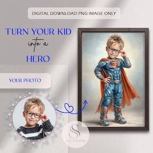 Op de afbeelding: Een ingelijst digitaal kunstwerk met een kind verkleed als superheld in een blauw en zilver pak met een rode cape. De tekst "TURN YOUR KID into a HERO" en "YOUR PHOTO" is inbegrepen.