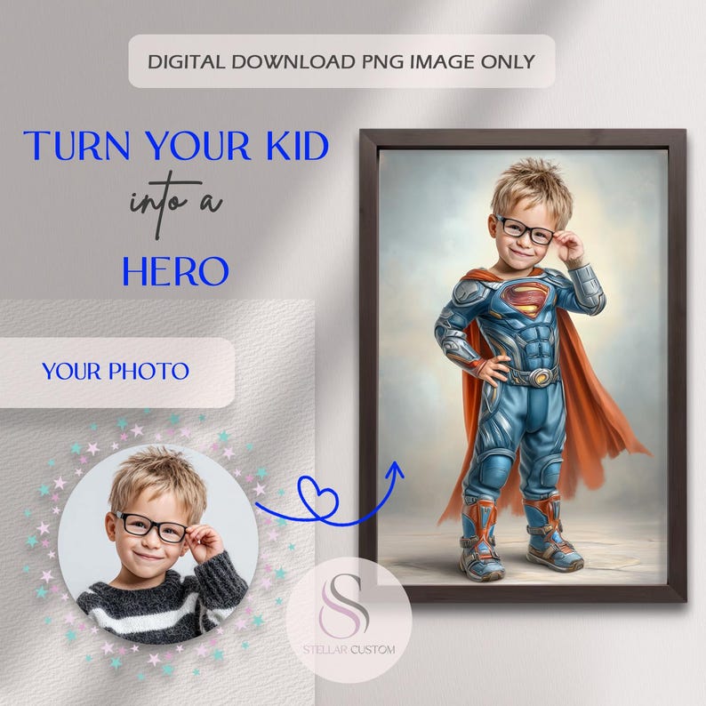 Op de afbeelding: Een ingelijst digitaal kunstwerk met een kind verkleed als superheld in een blauw en zilver pak met een rode cape. De tekst "TURN YOUR KID into a HERO" en "YOUR PHOTO" is inbegrepen.