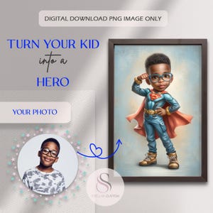 Könnte beinhalten: Digitaler Download PNG-Bild. Die Illustration zeigt ein Kind als Superheld, mit Brille, blauem Anzug und rotem Umhang. Der Text "TURN YOUR KID into a HERO" ist im Bild enthalten.