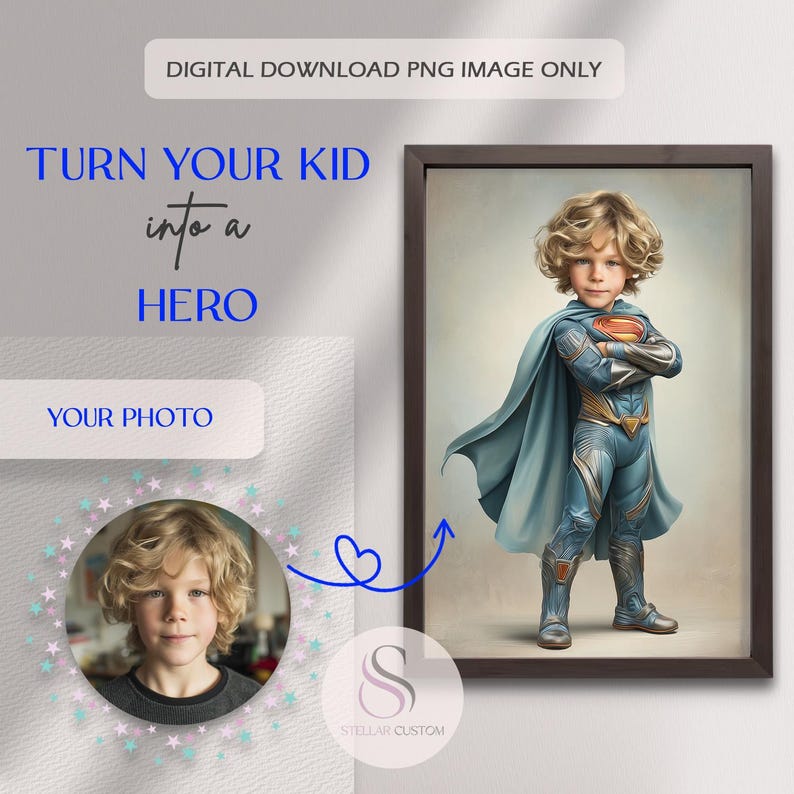 Op de afbeelding: Digitale download PNG-afbeelding. De afbeelding toont een ingelijst portret van een kind in een superheldenpak, met een blauwe cape en pak. De tekst "TURN YOUR KID into a HERO" is te zien, evenals een ruimte voor een foto.