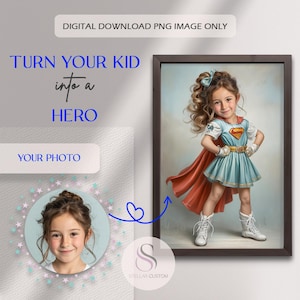 Op de afbeelding: Een digitale download PNG-afbeelding met de tekst "TURN YOUR KID into a HERO". De afbeelding toont een jong meisje verkleed als superheld, gekleed in een blauwe jurk, rode cape en witte laarzen. De afbeelding bevat ook een ruimte voor een foto.