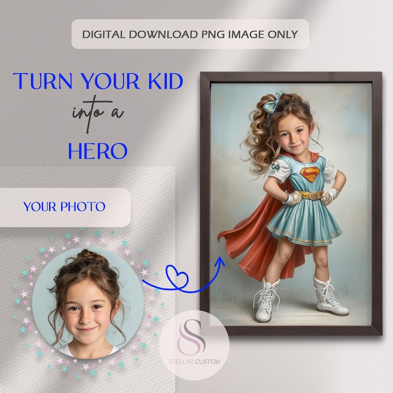 Op de afbeelding: Een digitale download PNG-afbeelding met de tekst "TURN YOUR KID into a HERO". De afbeelding toont een jong meisje verkleed als superheld, gekleed in een blauwe jurk, rode cape en witte laarzen. De afbeelding bevat ook een ruimte voor een foto.