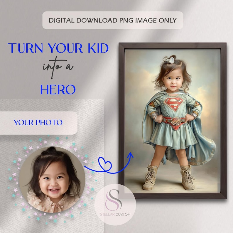 Op de afbeelding: Digitaal portret van een kind in superheldenoutfit, met een lichtblauwe jurk, cape en riem met Superman-logo. De tekst "TURN YOUR KID into a HERO" en "YOUR PHOTO" is inbegrepen.