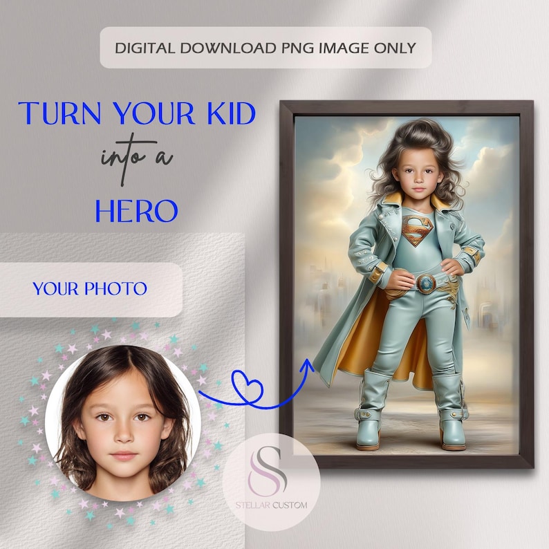 Op de afbeelding: Digitale download PNG-afbeelding. De afbeelding toont een ingelijst portret van een kind verkleed als superheld in een lichtblauwe outfit met een gouden cape. Tekst links zegt "Verander je kind in een held" en "Jouw foto". Het Stellar Custom-logo is ook zichtbaar.