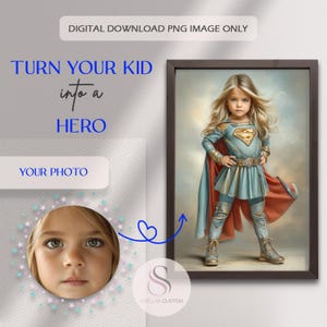 Op de afbeelding: Een digitaal kunstwerk in een lijst met een jong meisje verkleed als superheld, gekleed in een blauw en goud kostuum met een rode cape. De tekst "TURN YOUR KID into a HERO" en "YOUR PHOTO" is inbegrepen. Het Stellar Custom-logo is ook zichtbaar.