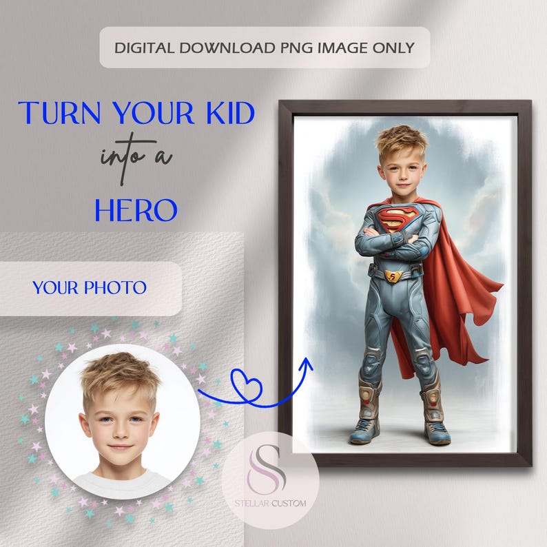 Op de afbeelding: Een digitaal kunstwerk in een lijst met een jongen verkleed als Superman, compleet met een rode cape en het "S"-embleem. De afbeelding bevat de tekst "TURN YOUR KID into a HERO" en "YOUR PHOTO".