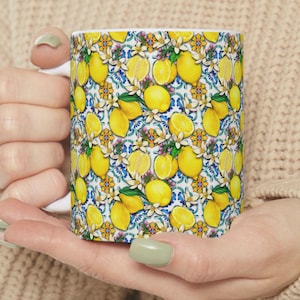 Lemon Mug with Citrus Floral Pattern | Mediterranean Italian Kitchen Coffee Cup | Bright Summer Gift for Her or Mom | Tea Lover Mug