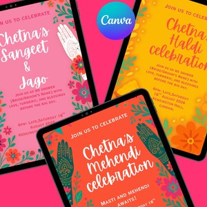 Può includere: Tre inviti digitali in rosa, arancione e giallo, ognuno dei quali annuncia una celebrazione diversa. Gli inviti presentano disegni floreali e il testo: "Chetna's Sangeet & Jago", "Chetna's Mehendi celebration" e "Chetna's Haldi celebration".