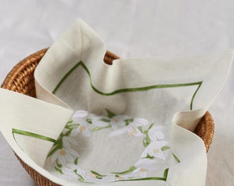 Linen Bread Basket Liner, Linen Napkin with Green Trim, Minimalist Linen Napkin