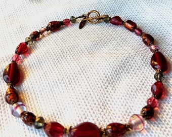 Vintage Murano Style Lampwork Choker: Red Amber Foil Beads, Signed Artisan Jewelry