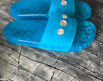 Karl Lagerfeld Blue Jelly Slide Sandals with Rhinestone Accents – Women’s Designer Summer Shoes