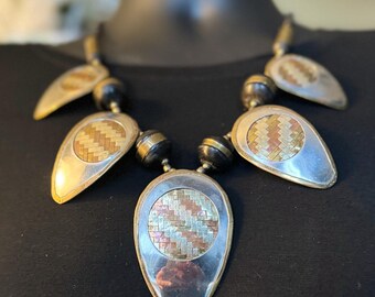 Vintage Boho Bib Necklace: Brass & Wood Inlay, Tribal Pendant