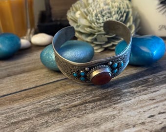 Vintage Carnelian Turquoise Cuff Bracelet: Boho Tibetan Silver Style Bangle