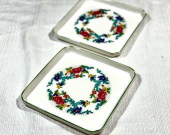 Set of 2 Vintage Floral Square Plates, Fine Porcelain Dessert Plates with Green Trim: Elegant Tea Plates
