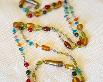 Murano-Style Multicolor Glass Bead Necklace | Boho Long Beaded Chain, Artisan Jewelry, Colorful Statement Necklace