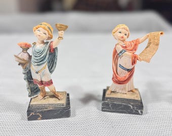 Vintage Hand-Painted Roman Boy Figurines: Classical Decor, Marble Base, Pair