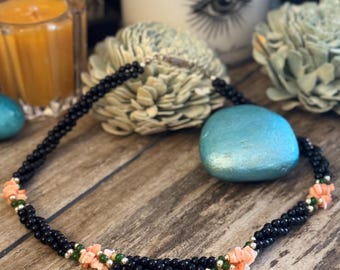 Vintage Coral Beaded Necklace: 1960s Boho Black Seed Bead Rope