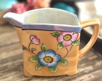 Vintage Hand Painted Japan Creamer Floral Porcelain Pitcher: 1920s Art Deco Kitchenware