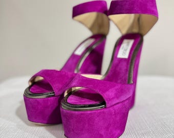 Jimmy Choo Fuchsia Suede Platform Heels Ankle Strap Designer Sandals Size EU 38.5