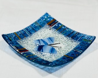 Handmade Blue Butterfly Fused Glass Trinket Dish: 7-Inch Square Decor