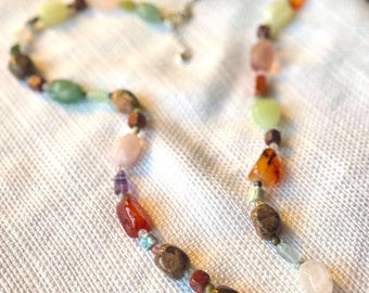 Multi Gemstone Necklace: Rose Quartz, Amethyst, Agate - Boho Healing Jewelry