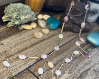 Purple White Jasper Necklace: Vintage 1970s Brass Boho Jewelry
