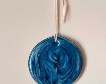Hand Blown Teal Swirl Art Glass Wall Hanging: Coastal Decor Tray