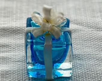 Lenox Blue Glass Gift Box Paperweight, Retired Art Glass Desk Decor, Collectible Present Figurine